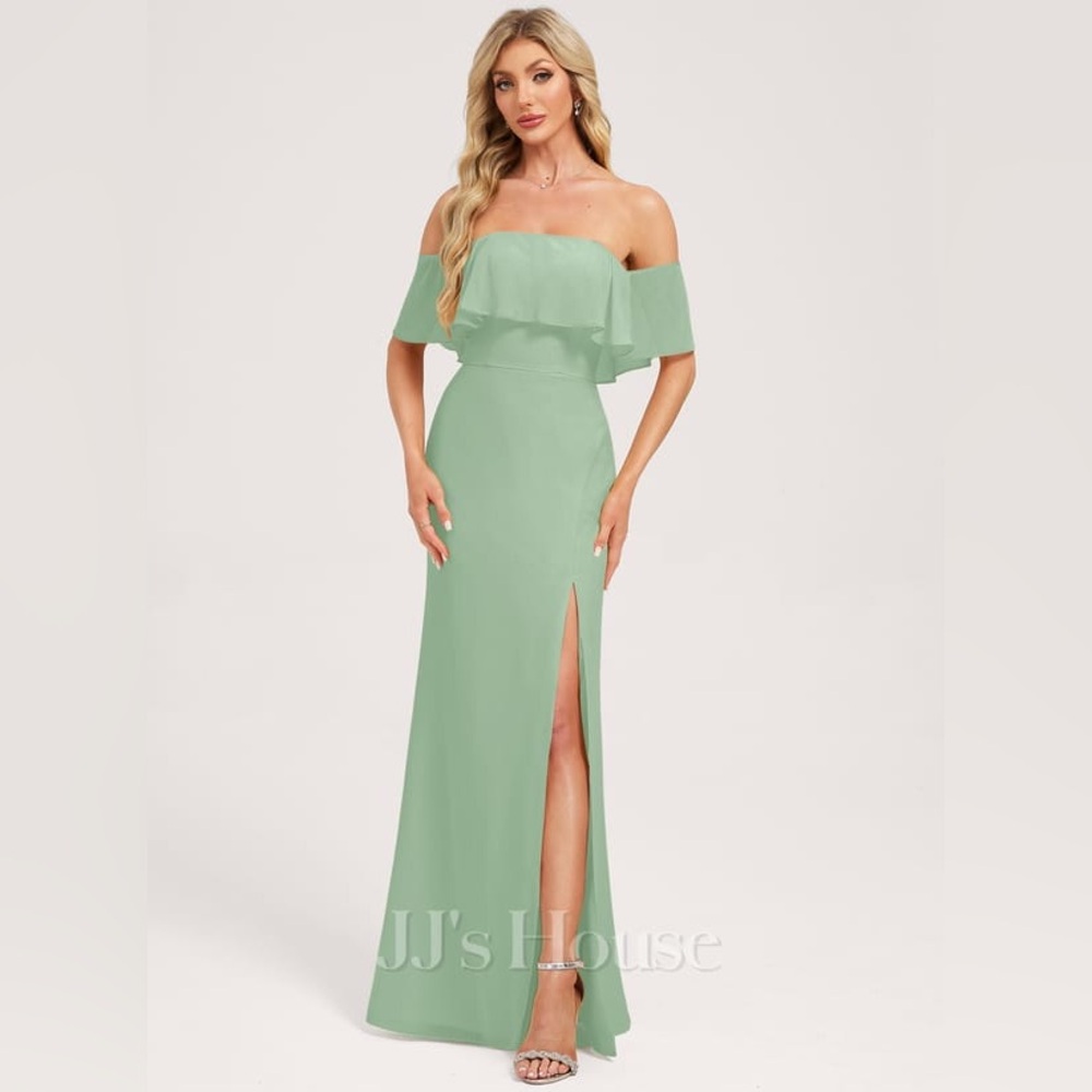 JJs HOUSE SAGE GREEN TRUMPET/ MERMAID OFF SHOULDER CHIFFON DRESS GOWN